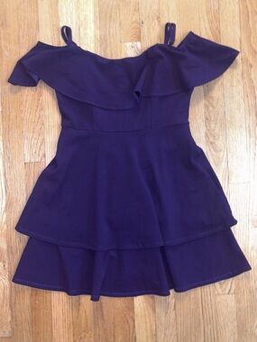 B Darlin Girls Dark Purple Ruffle Off-Shoulder Tiered Dress